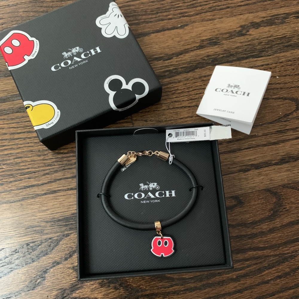 New Coach x Disney Mickey Leather Bracelet Black with Red Pants Charm